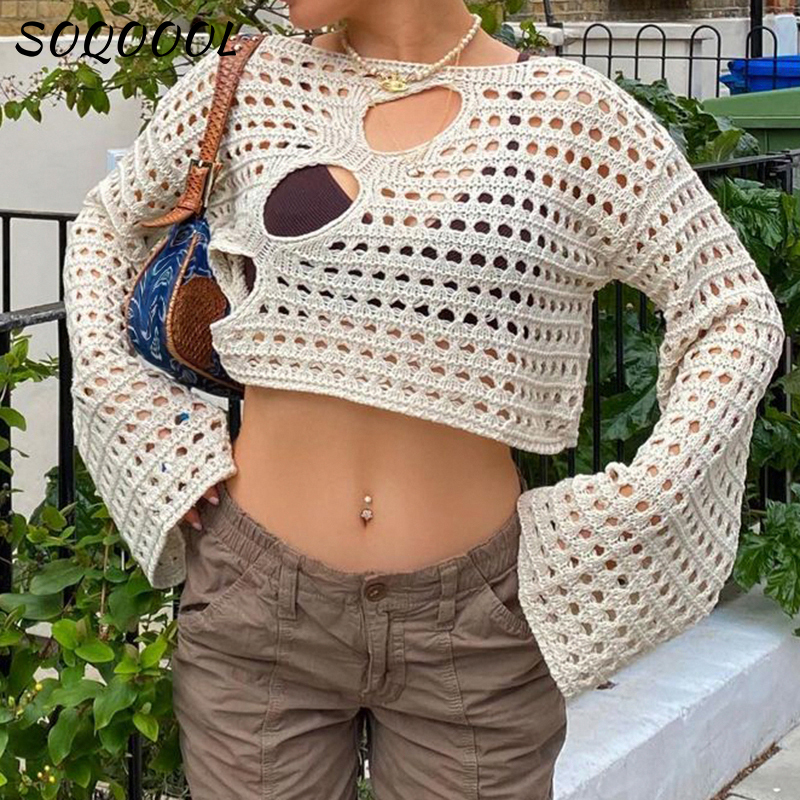 Y2K Hollow Out Cropped Knit Smock Top Women Vintage Loose Di