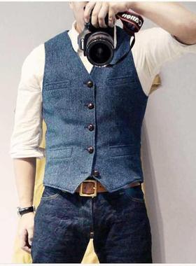 Men's Suit Vest Blue Single Breasted Woolen Blended