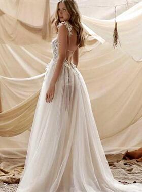 Verngo Beach Wedding Dress Sexy Spaghetti Straps Lace Appli