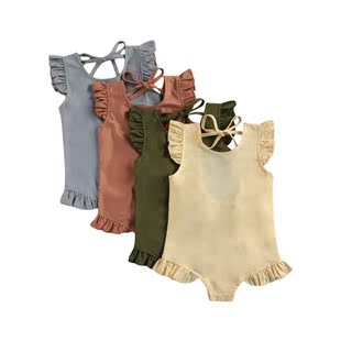 Toddlers Baby Girl Kids Swimwear Solid Color O-Neck Ruffle F