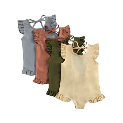 Toddlers Baby Girl Kids Swimwear Solid Color O-Neck Ruffle F