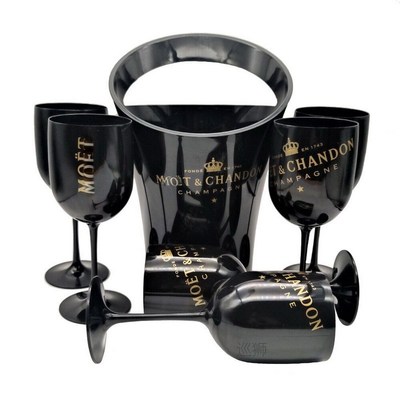 Black Plastic Bucket And Glass Champagne Flutes Party Cooler