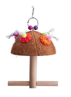 Parrot Swing Natural Wood Stand Perch Coconut Shell Chew