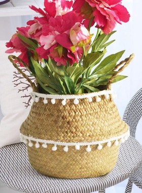 Folding Straw Flower Planter Pot Home Garden Bellied Basket