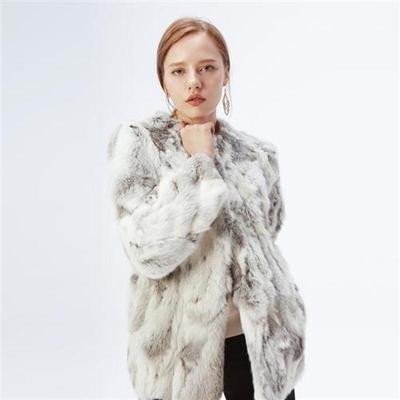 Ethel Anderson Real Farm Rabbit Fur Coat Women Striped