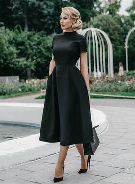 Women Elegant Black Shirt Dress Half High Collar High Wai