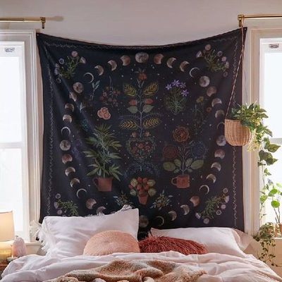 Moon Phase Tapestry Wall Hanging Botanical Celestial Floral