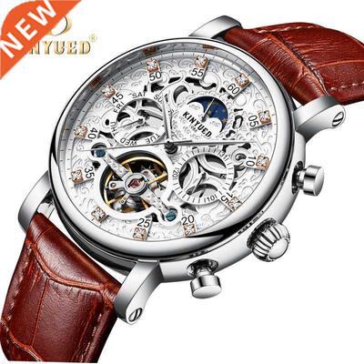 KINYUED Skeleton Automatic Watch Men Sun Moon Phase Waterpr