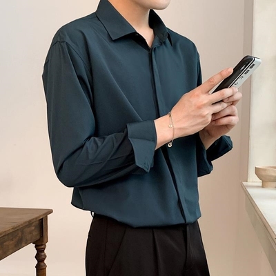 Korean Fashion New Drape Shirts for Men Solid Color Long Sle