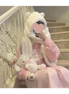 Warm hat scarf one hooded bib female winter imitation lamb