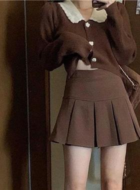 HOUZHOU Vintage Brown Pleated Skirt Women Spring 2022 Korean