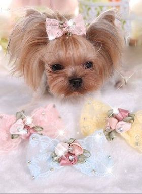 Pet Hair Bow Rhinestone Embroidery Lace Pet Dog Bows Pet