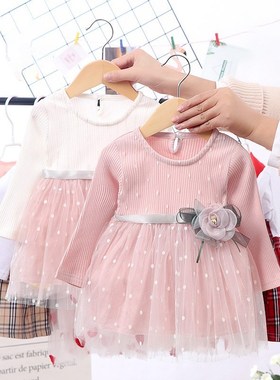 Spring Winter Baby Girls Dress 6M 4T Round Neck Mesh Stitch