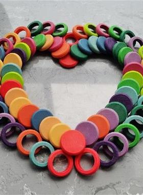 72PCS Kids Wooden Toys Beech Rainbow Coins and Rings