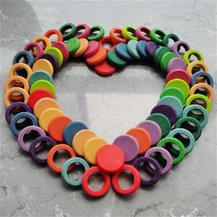 72PCS Kids Wooden Toys Beech Rainbow Coins and Rings