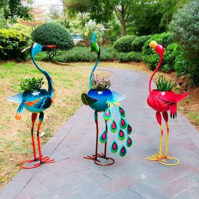 欧美出口多肉绿植花园装饰铁艺孔雀鹤火烈鸟动物造型可爱特色花盆