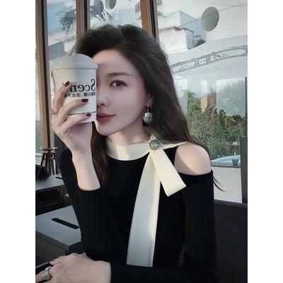 法式轻奢黑色露肩针织打底衫女内搭高级设计感秋冬季绝美长袖上衣