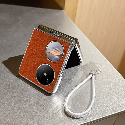 简约橙底小KT猫适用华为Pocket2手机壳PuraX折叠屏oppoN3flip荔枝皮纹vivo三星zflip7荣耀vflip2小米mixflip2