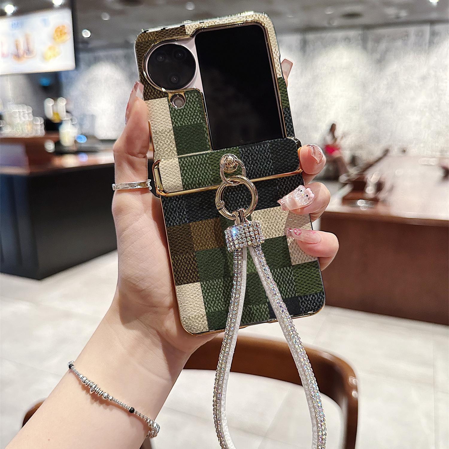 绿格子毛巾纹荔枝纹折叠屏手机壳