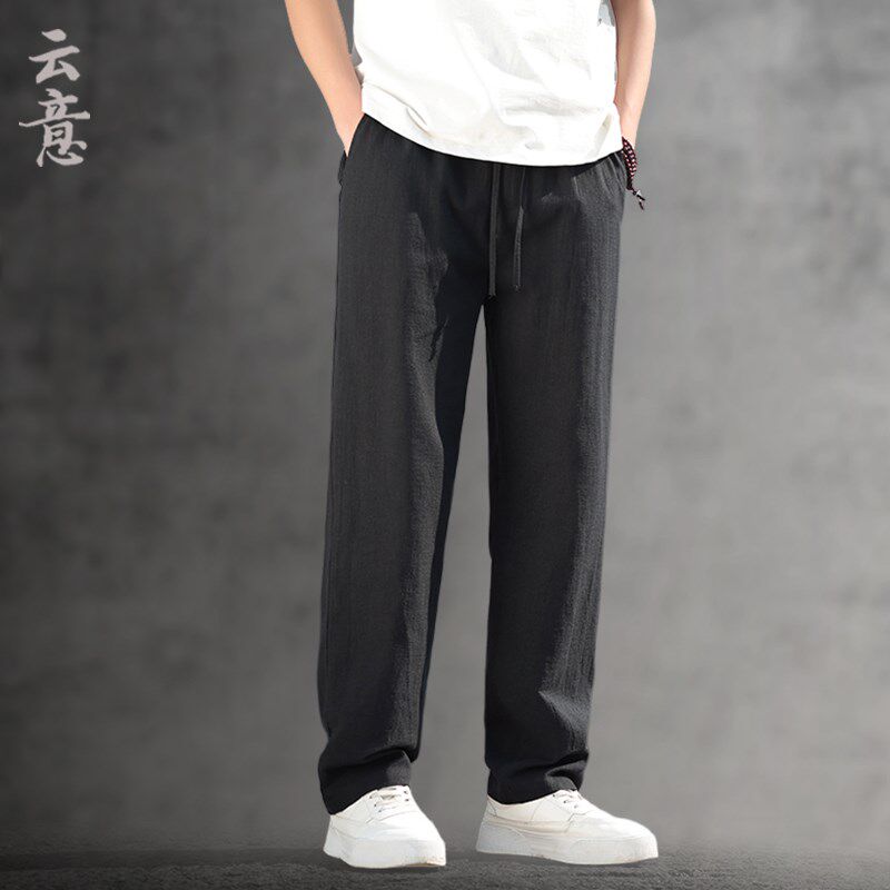 速发松麻裤男棉麻裤子宽亚直筒裤夏天闲麻薄款阔腿长裤男士休苎裤
