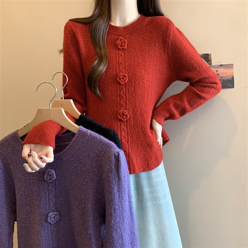 速发大码内色收腰高级感花朵针织毛衣搭冬独特漂亮红秋打底上衣