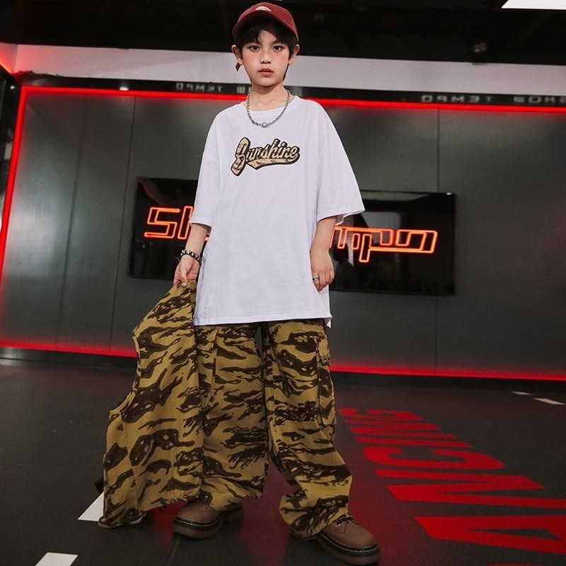 现货速发少儿街舞套装演出服迷彩马甲工装裤男孩hiphop孩嘻哈表演
