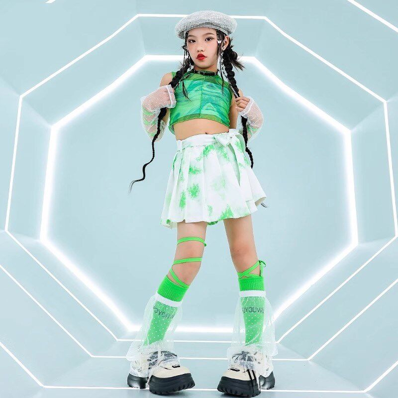 现货速发少儿爵士舞服装夏天走秀网纱裙裤套装时髦露脐炸街孩街舞
