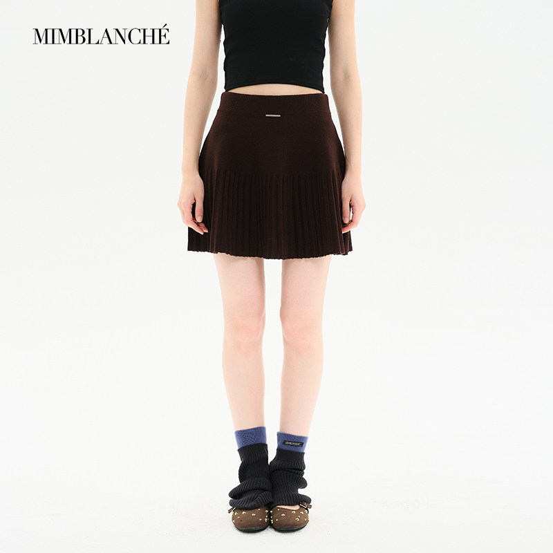 MIMBLANCHE26SS新品复古学院风羊毛混纺松紧腰针织百褶半裙女
