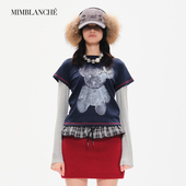 MIMBLANCHE沈月同款 假两件小熊涂鸦长袖 T恤女