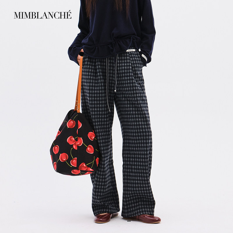 MIMBLANCHE秋冬加绒羊毛灰蓝小方格拼接腰头抽绳裤镰刀格子休闲裤