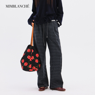 MIMBLANCHE秋冬加绒羊毛灰蓝小方格拼接腰头抽绳裤镰刀格子休闲裤
