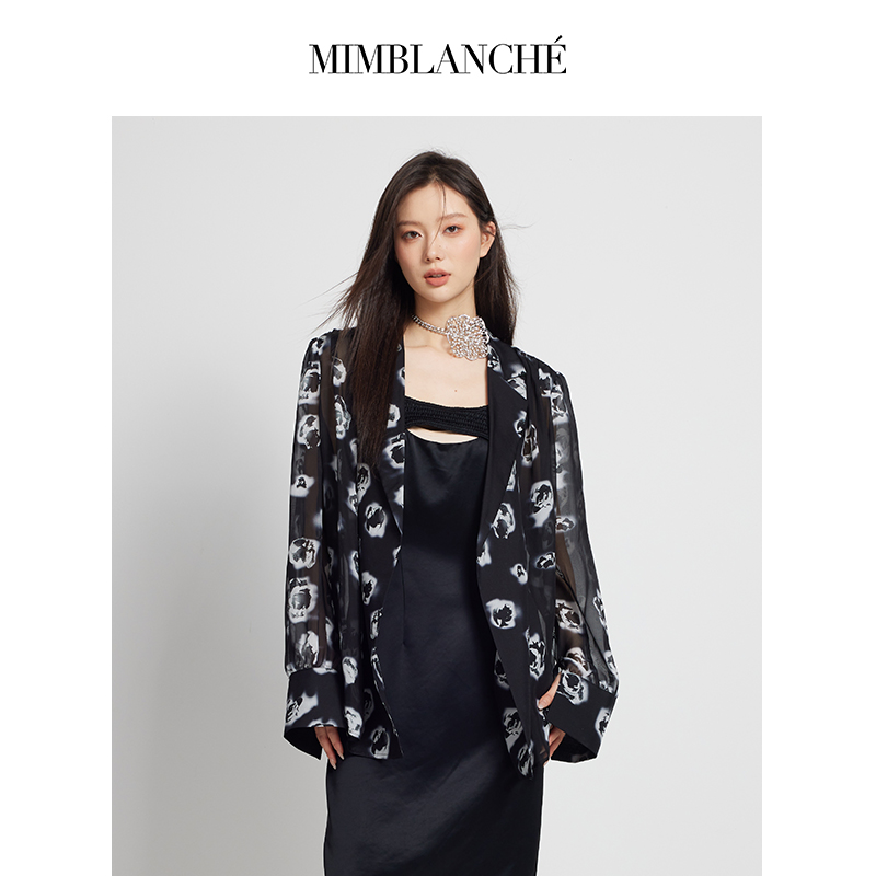 MIMBLANCHE旗舰店 黑色轻奢光泽感真丝玫瑰印花廓形外套23FW新品