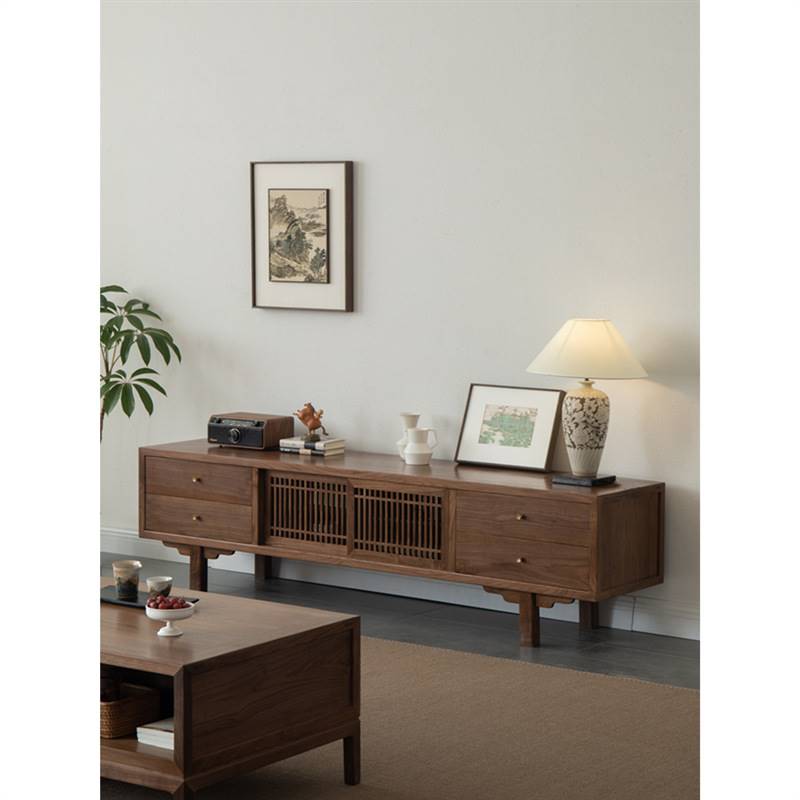 新中式全实木电视机边柜黑胡桃木现代简约式轻奢客厅家用组合地柜