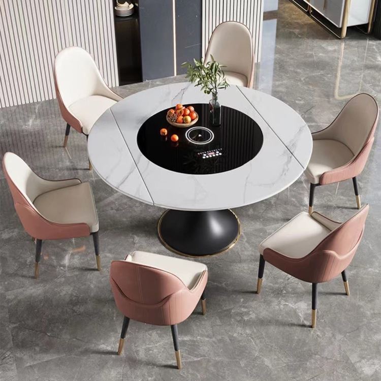 多功能岩板餐桌现代轻奢可伸缩家庭实用内嵌转盘保温电磁炉圆餐桌