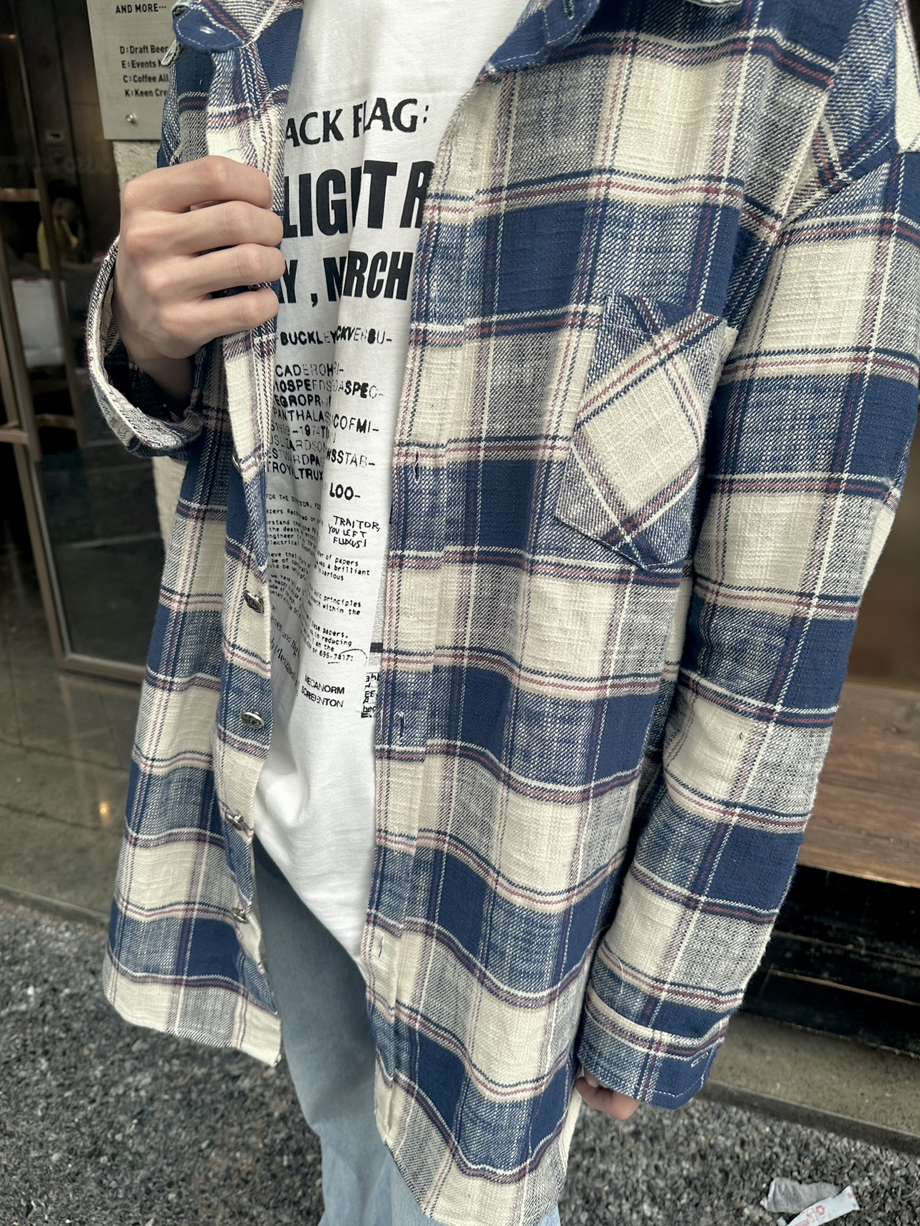 【ASCA】RTIM 十字架蓝色格子牛仔领拼接衬衫  复古OS磨毛衬衣薄