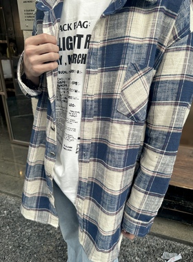 【ASCA】RTIM 十字架蓝色格子牛仔领拼接衬衫  复古OS磨毛衬衣薄