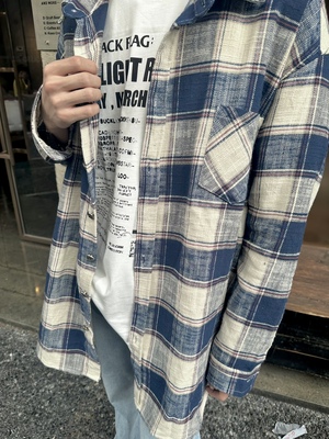 【ASCA】RTIM 十字架蓝色格子牛仔领拼接衬衫  复古OS磨毛衬衣薄