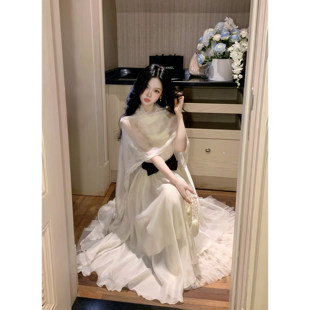 千金风收腰白色连衣裙女春季法式气质长裙生日礼服网纱公主裙子