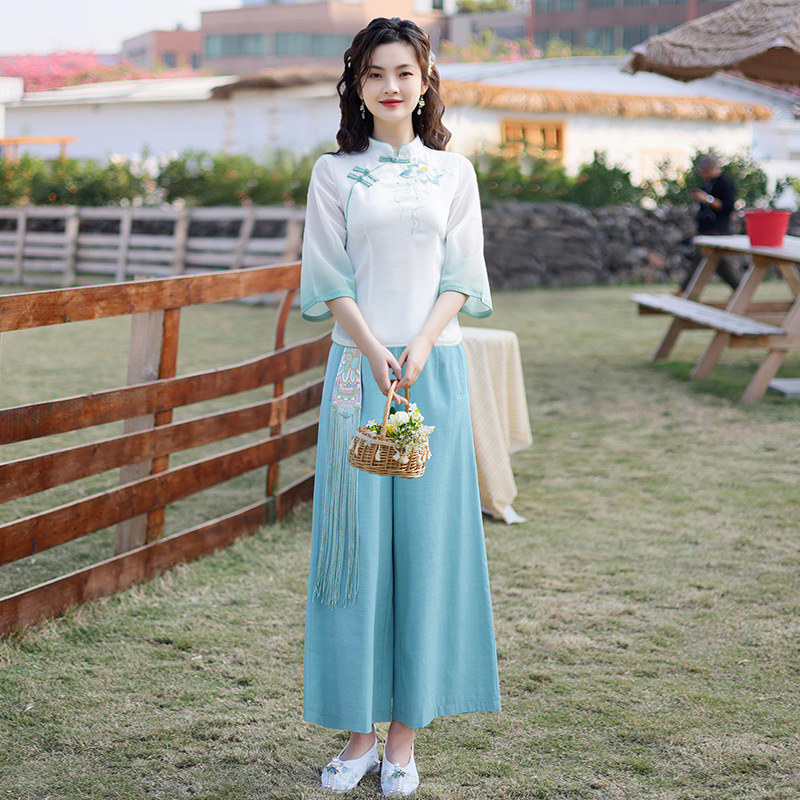 中国风改良汉服中式旗袍唐装上衣茶服女春夏足浴养生馆采耳