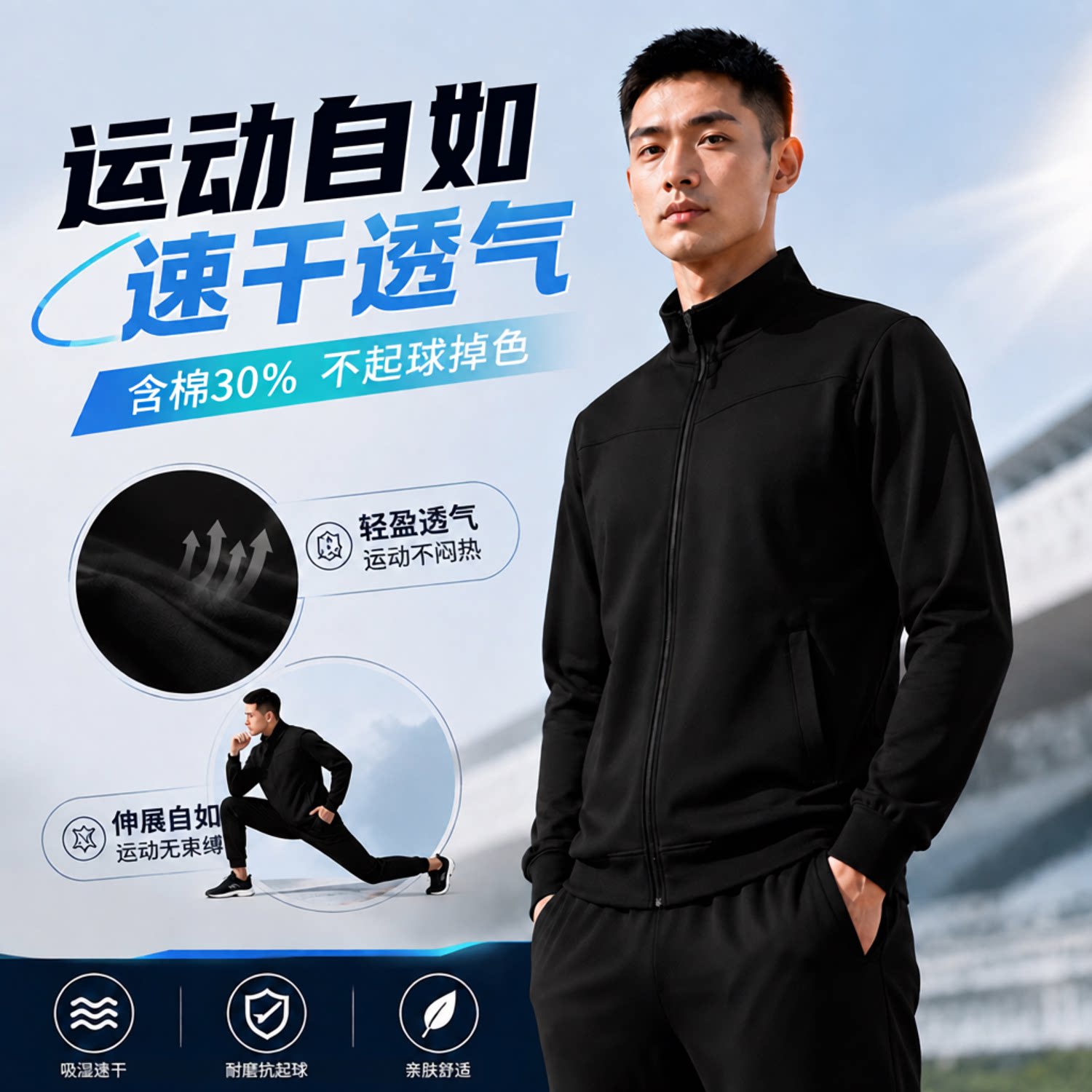 黑色长袖训练服男透气速干含棉30%体能锻炼套装户外军训运动套装