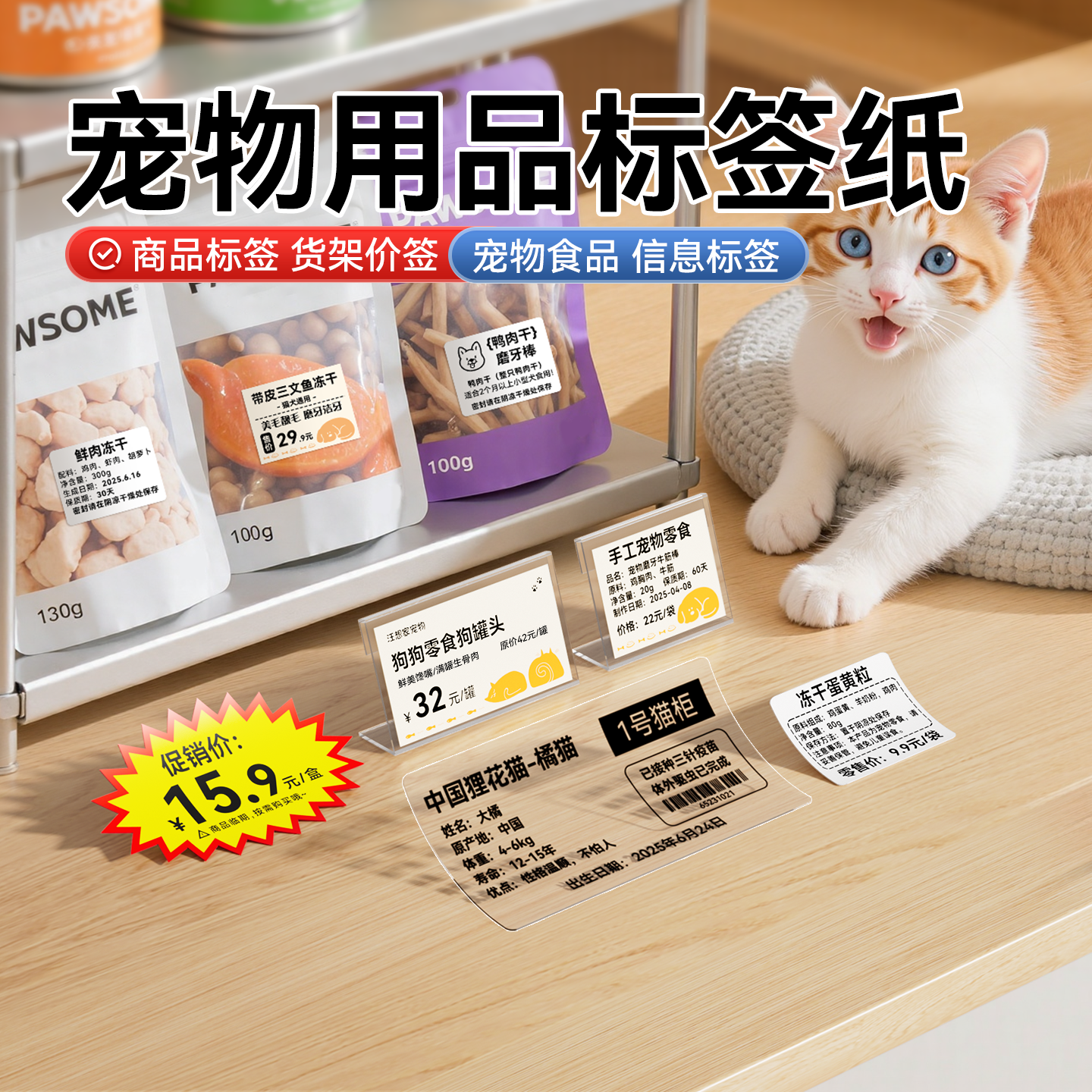 精臣商业B1/B2/B21/B31/B3S/D110宠物店用品标签置物架货架价签狗狗零食冻干猫条手工分装贴纸封口贴标签 - 实物图