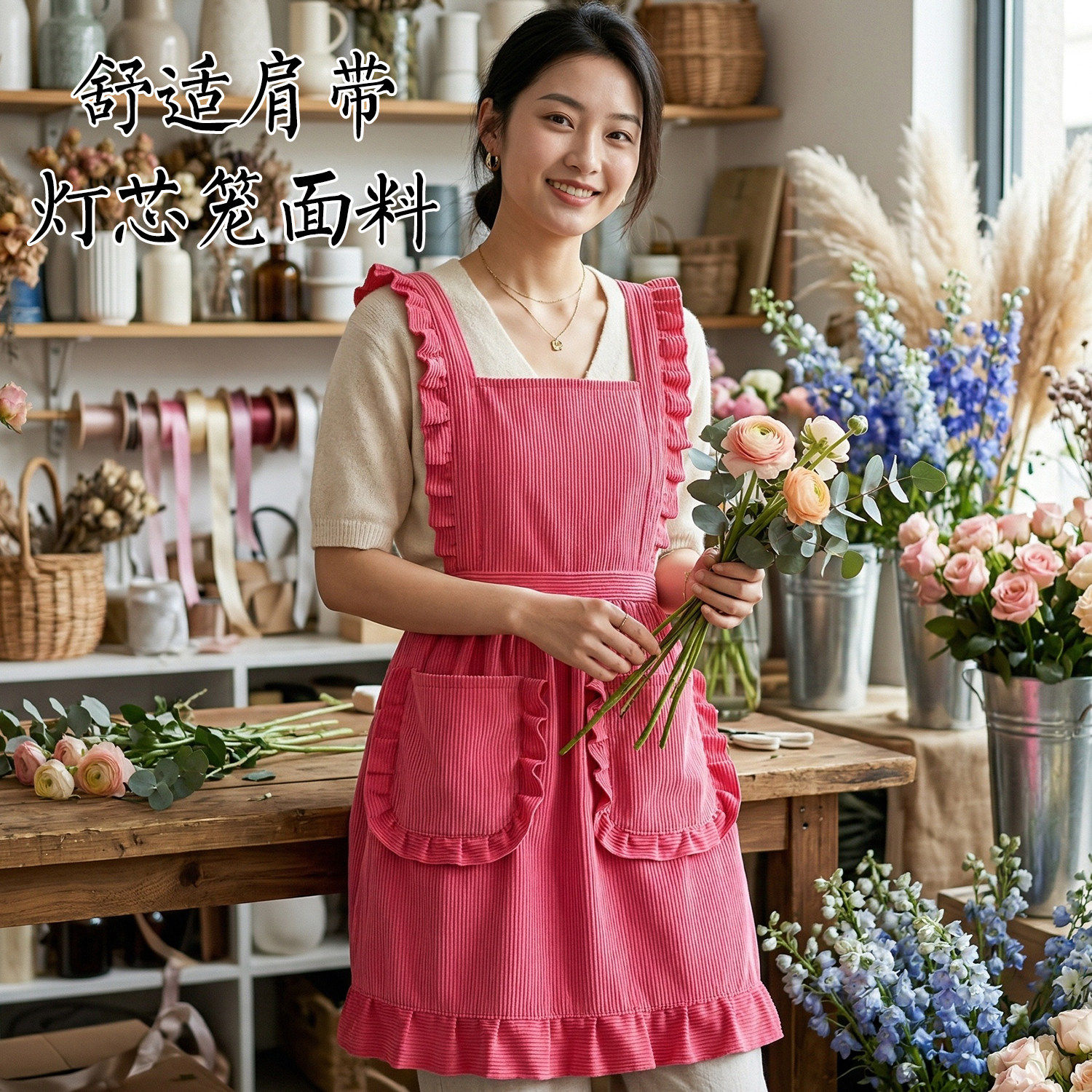 公主风灯芯绒围裙厨房家用定制