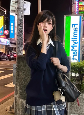 学院风日系jk制服马甲背心女基础款纯色针织衫长袖V领叠穿上衣秋