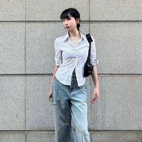 法式蓝色条纹衬衫女夏季新款