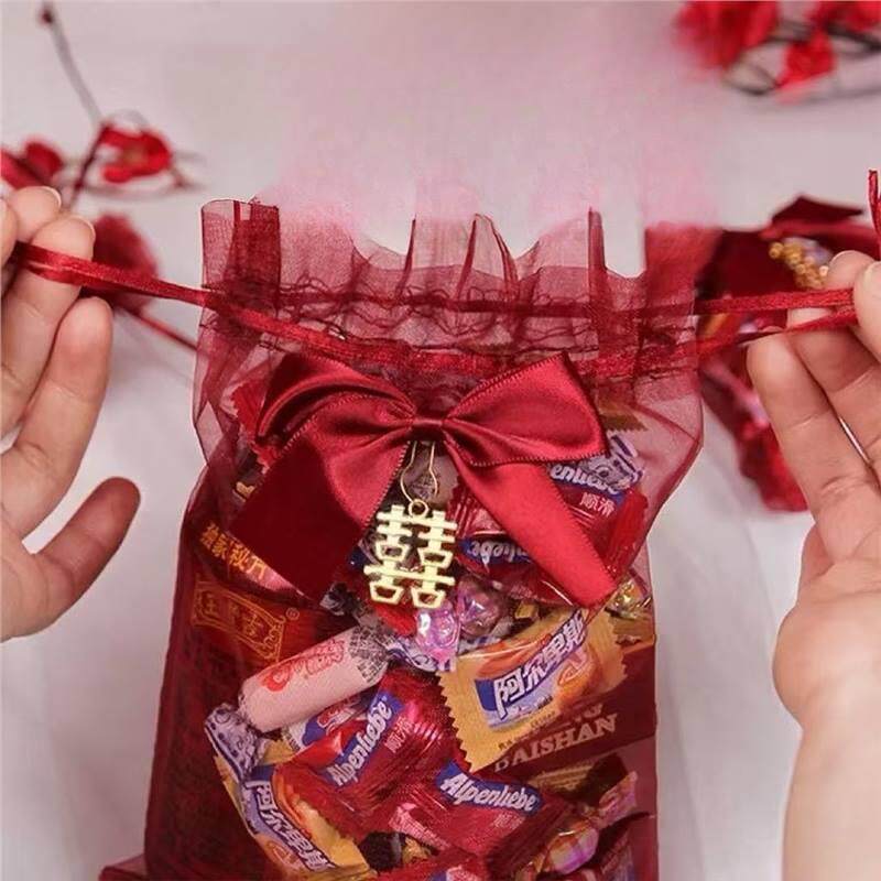 结婚专用喜袋纱袋高档糖果用品红色结婚抽绳袋中喜糖满月婚庆婚礼