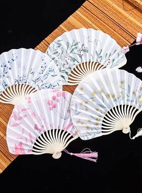 贝壳扇夏季随身便携折叠布面古风日式折扇中国风女式儿童汉服扇子