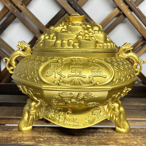 聚宝盆带盖子招财摆件纯铜家用客厅店铺开业礼品黄铜米缸存钱