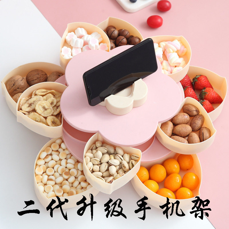 直销欧式双层旋转糖果盒花漾莲花果盒新年喜糖水果盘果盘