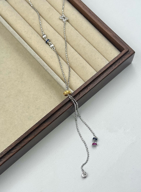 S925纯银金银拼色四叶草抽拉调节项链女小众设计高级感轻奢锁骨链