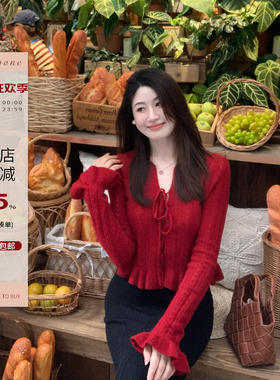 Echoone Fairy tale 羊毛钩花毛衣女设计感绑带小性感木耳边上衣